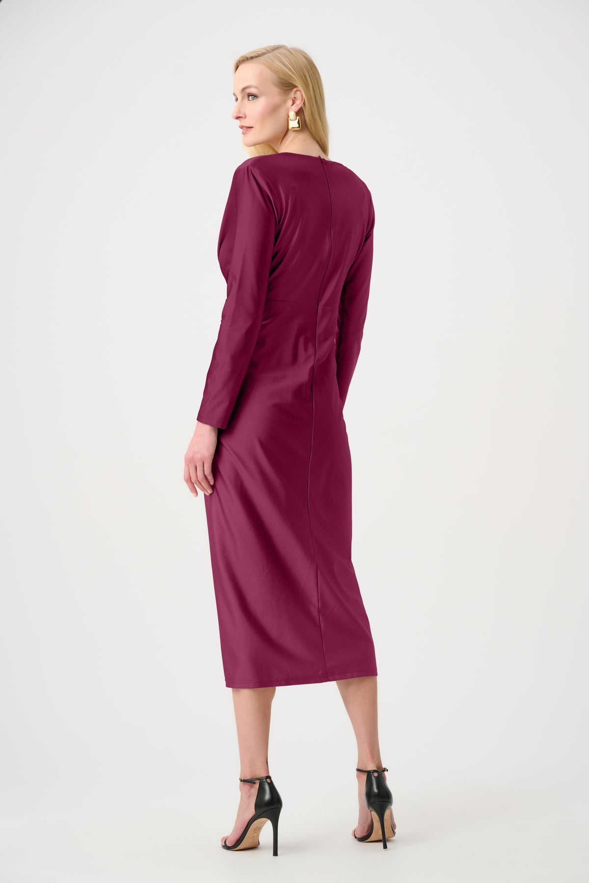 Joseph Ribkoff Signature Draped V-Neck Sheath Dress in Berry Burst, style 253714F26 shown from the back
