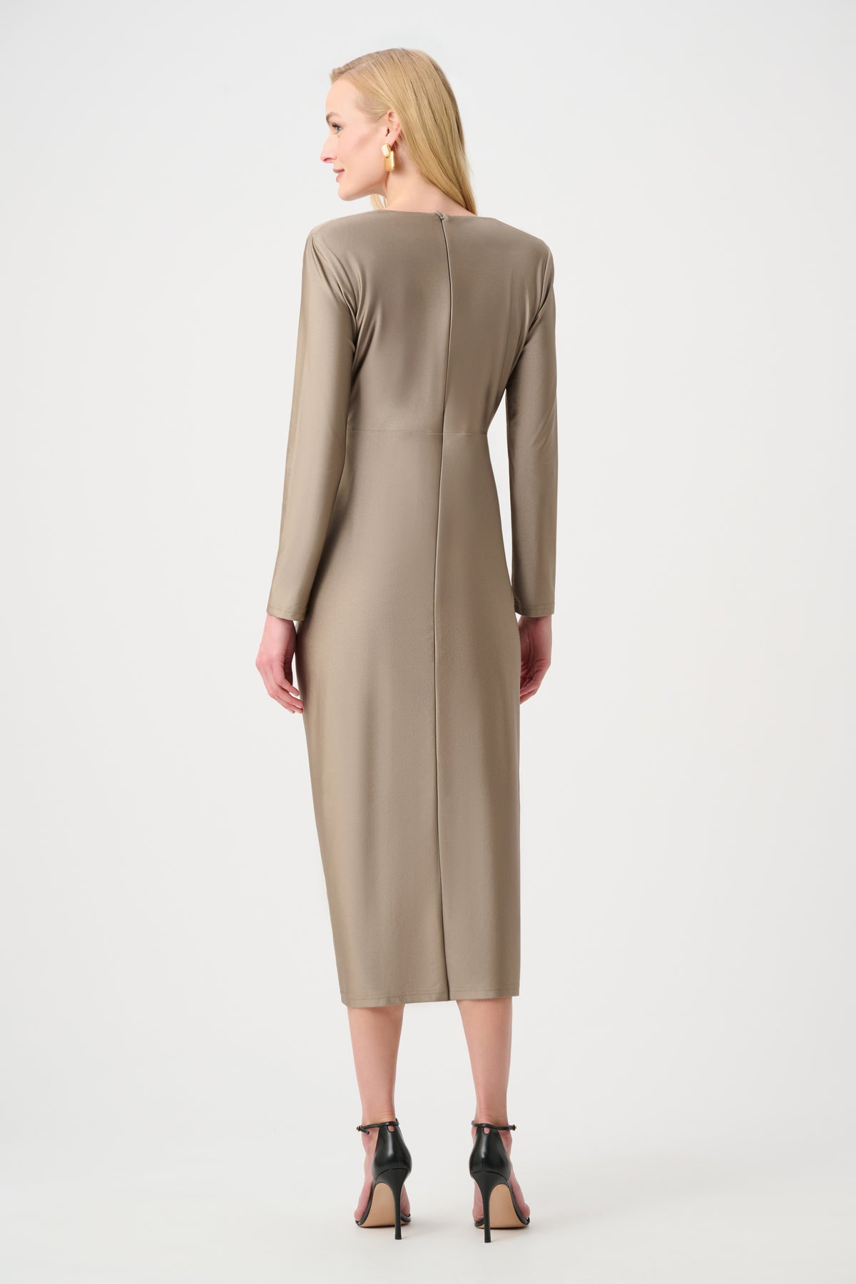 Joseph Ribkoff Signature Draped V-Neck Sheath Dress in Platinum Grey, style 253714F26 shown from the back