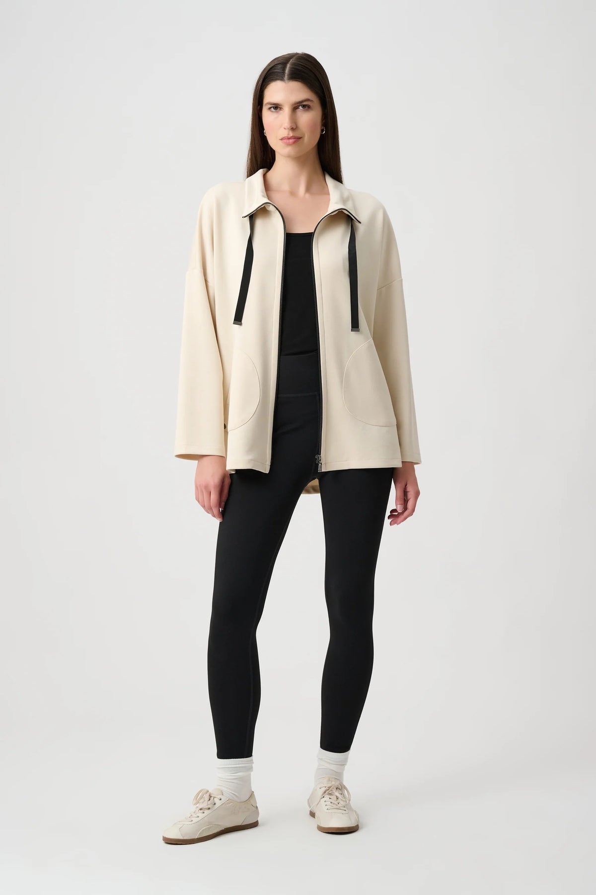 Full styled view featuring Joseph Ribkoff Nylon Spandex Compression Leggings in Black, style 261625F26