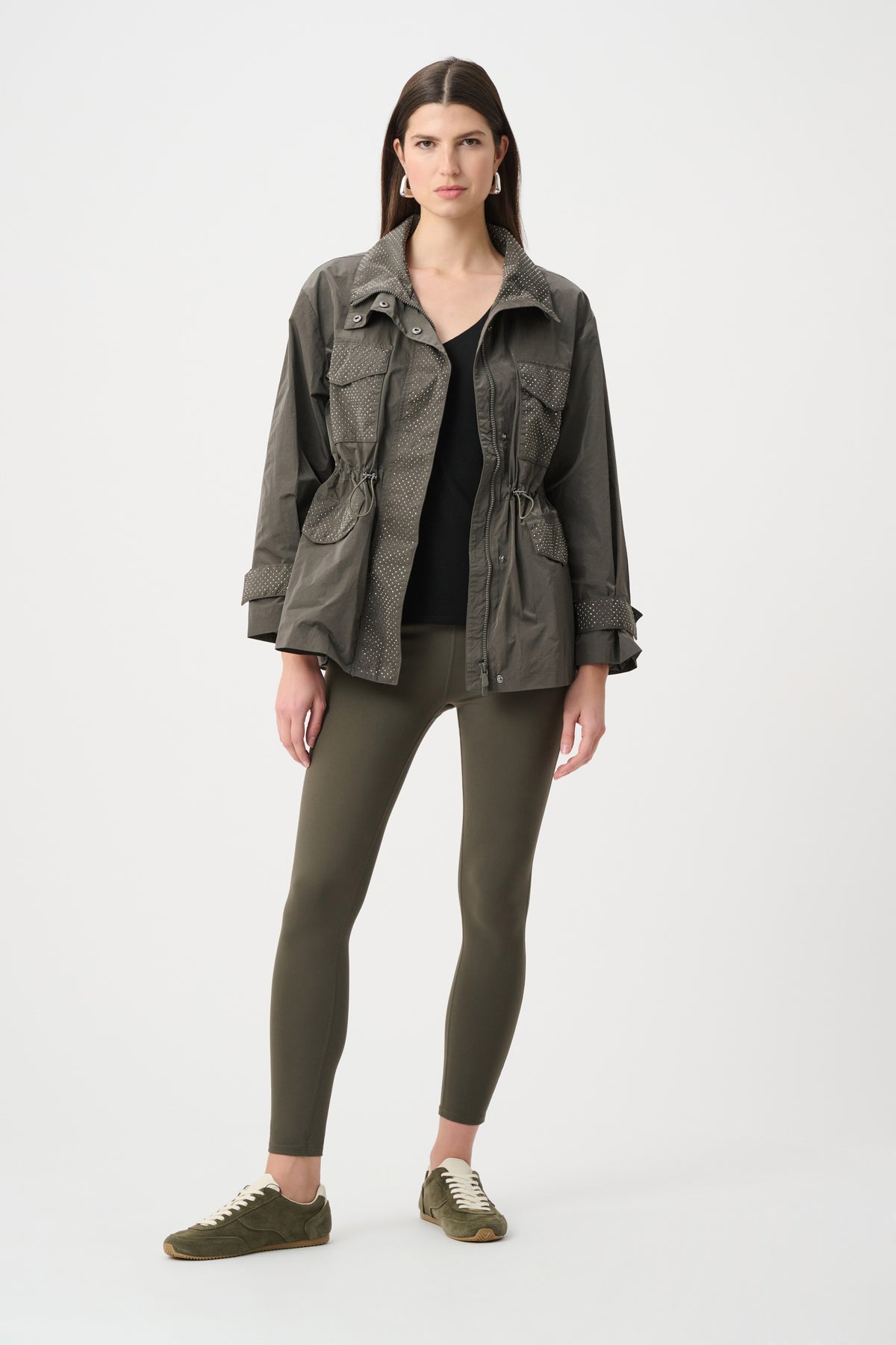 Full styled view featuring Joseph Ribkoff Nylon Spandex Compression Leggings in Avocado, style 261625F26