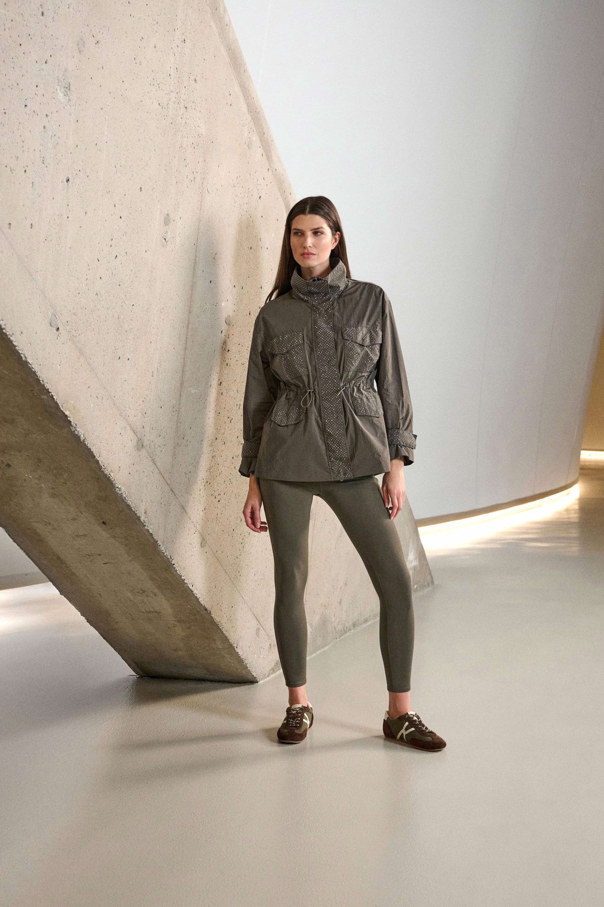 Full styled view featuring Joseph Ribkoff Nylon Spandex Compression Leggings in Avocado, style 261625F26 with sparkle jacket