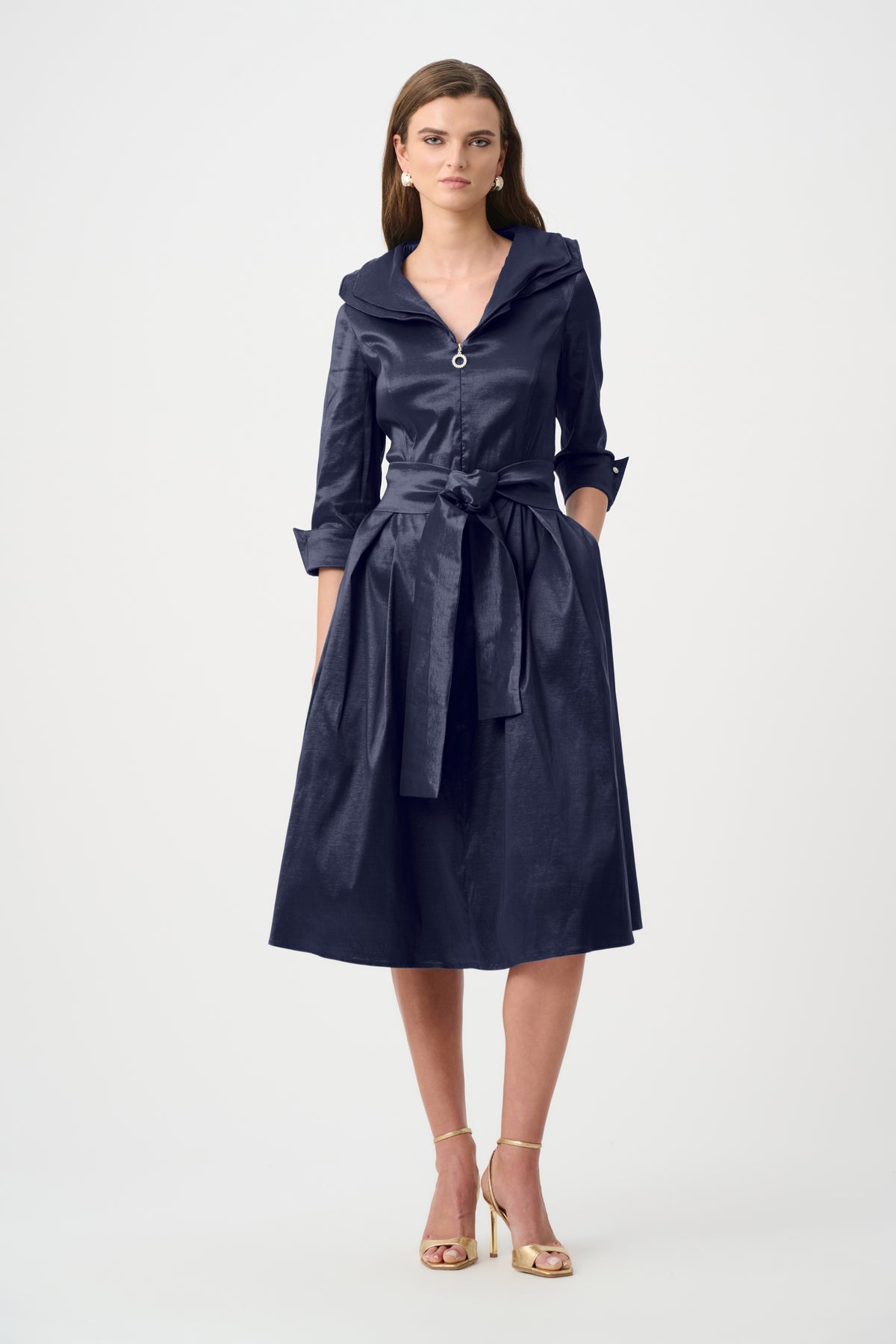 Joseph Ribkoff Stretch Taffeta Fit and Flare Dress With Lapel Collar in Midnight Blue, style 261719F26 shown from the front