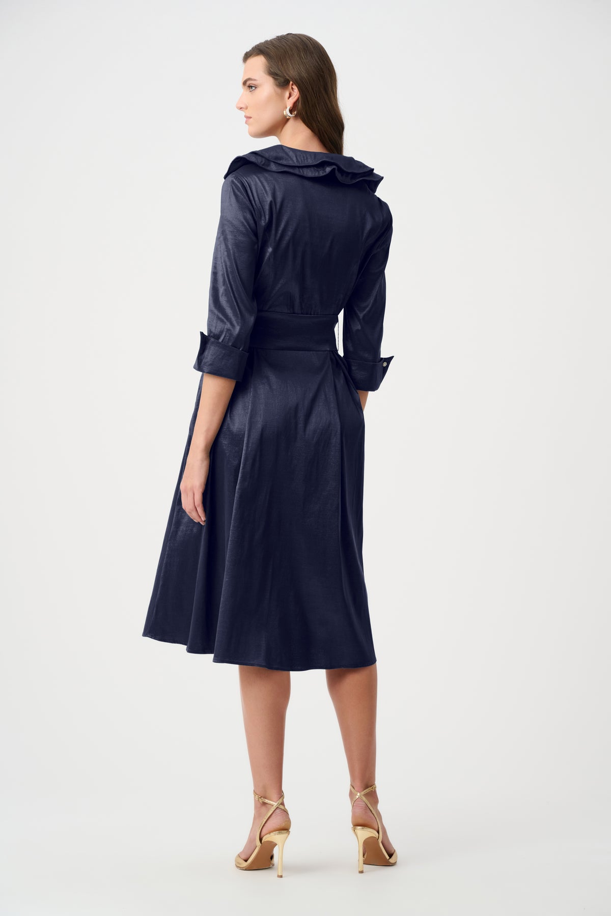 Joseph Ribkoff Stretch Taffeta Fit and Flare Dress With Lapel Collar in Midnight Blue, style 261719F26 shown from the back
