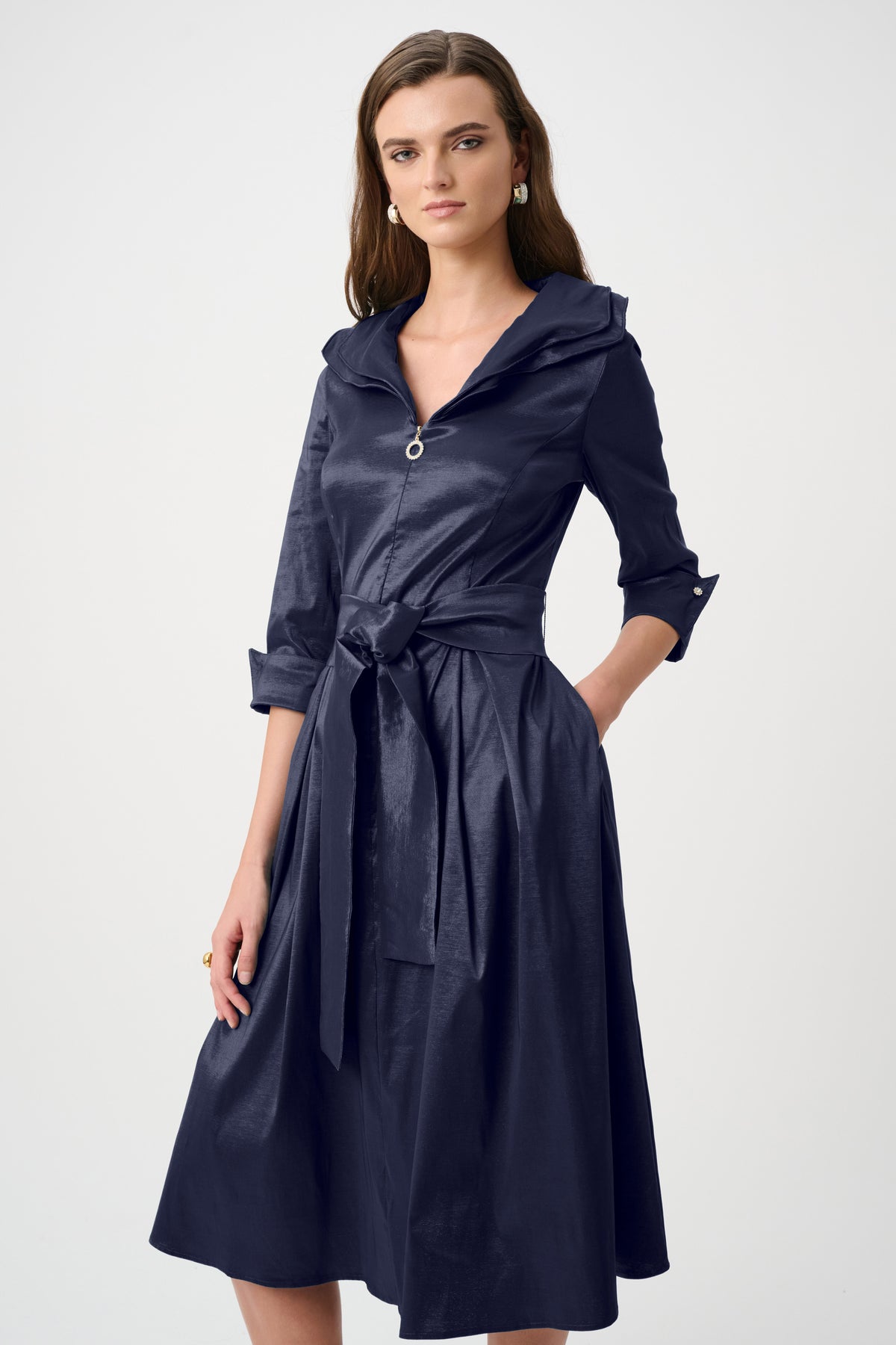 Joseph Ribkoff Stretch Taffeta Fit and Flare Dress With Lapel Collar in Midnight Blue, style 261719F26 shown at a three-quarter angle
