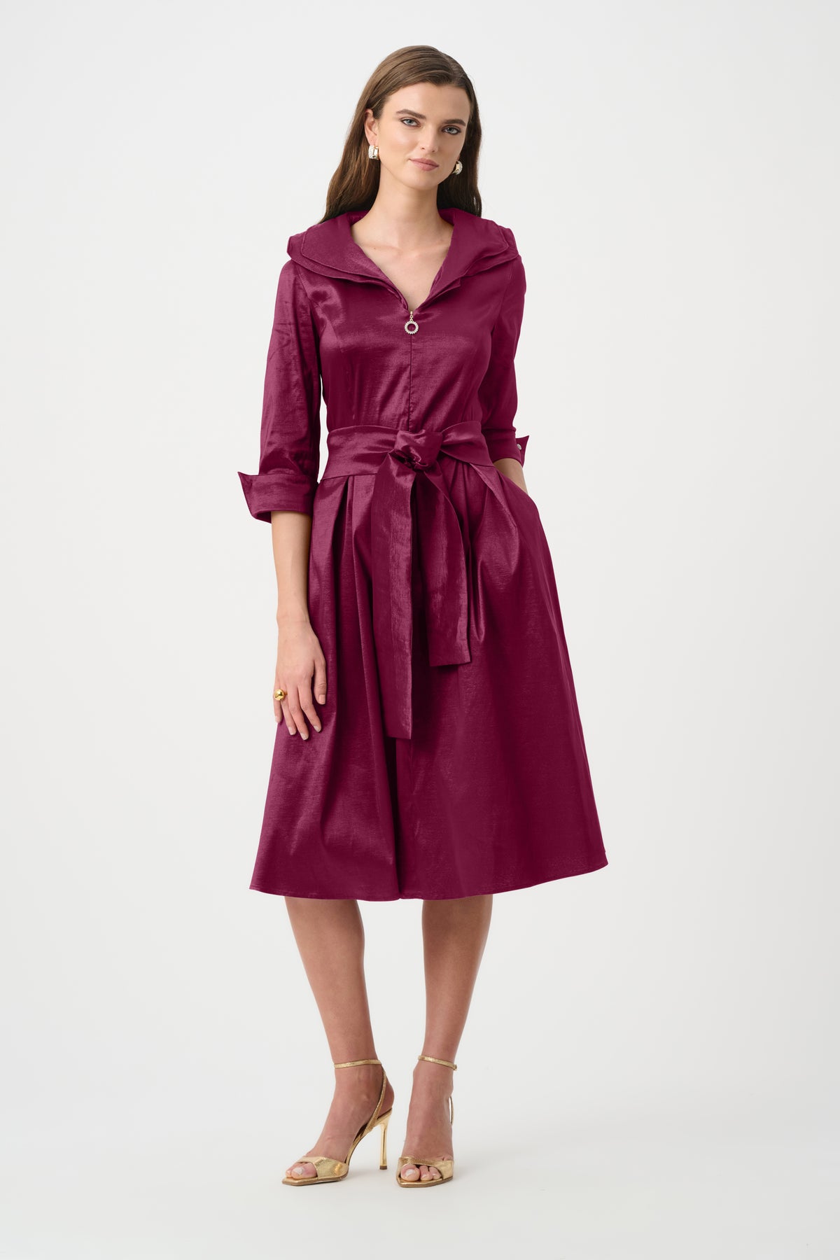Joseph Ribkoff Stretch Taffeta Fit and Flare Dress With Lapel Collar in Berry, style 261719F26 shown from the front