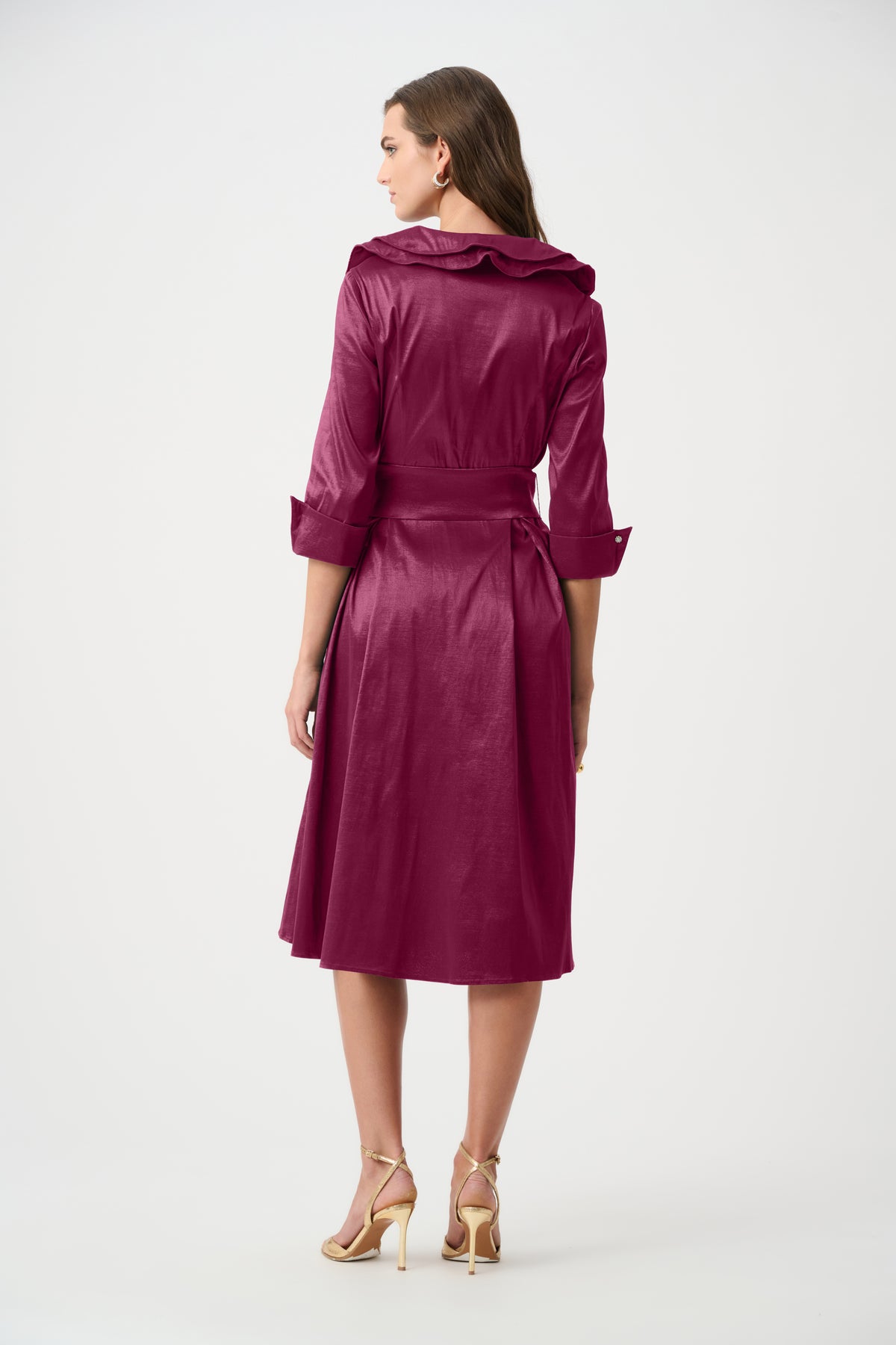 Joseph Ribkoff Stretch Taffeta Fit and Flare Dress With Lapel Collar berry, style 261719F26 shown from the back