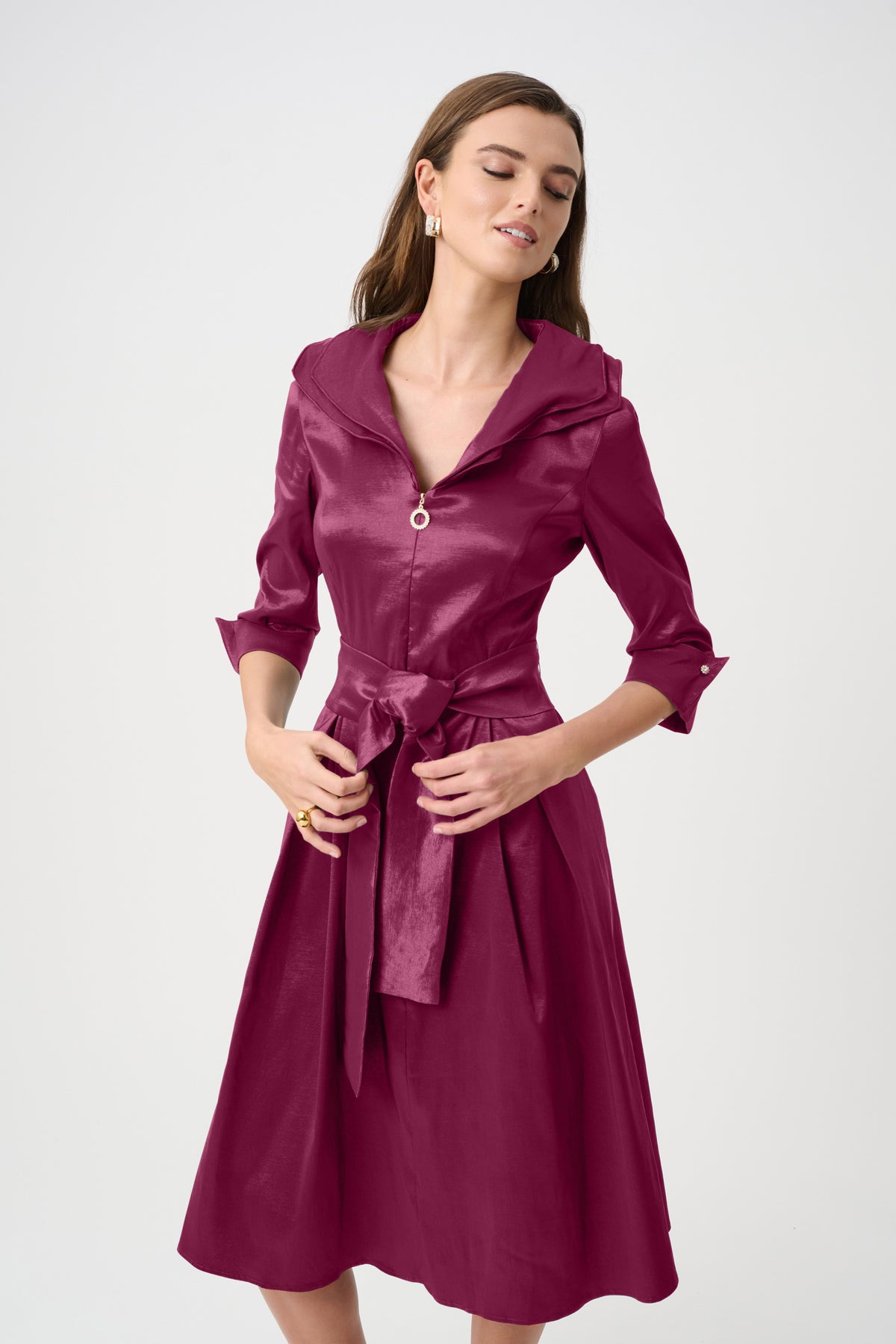 Joseph Ribkoff Stretch Taffeta Fit and Flare Dress With Lapel Collar in berry, style 261719F26 shown at a three-quarter angle