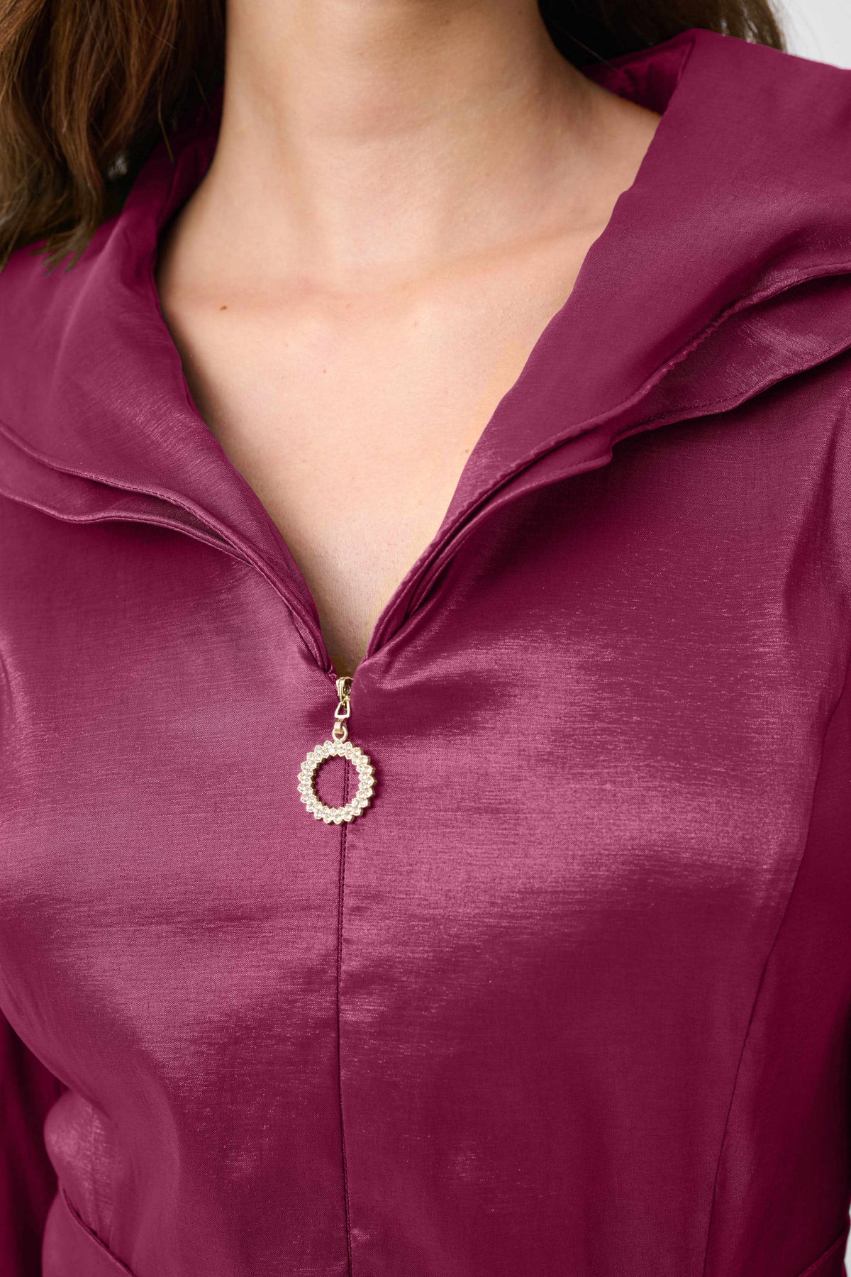 Close-up of neckline and upper-body details on Joseph Ribkoff Stretch Taffeta Fit and Flare Dress With Lapel Collar in Berry, style 261719F26
