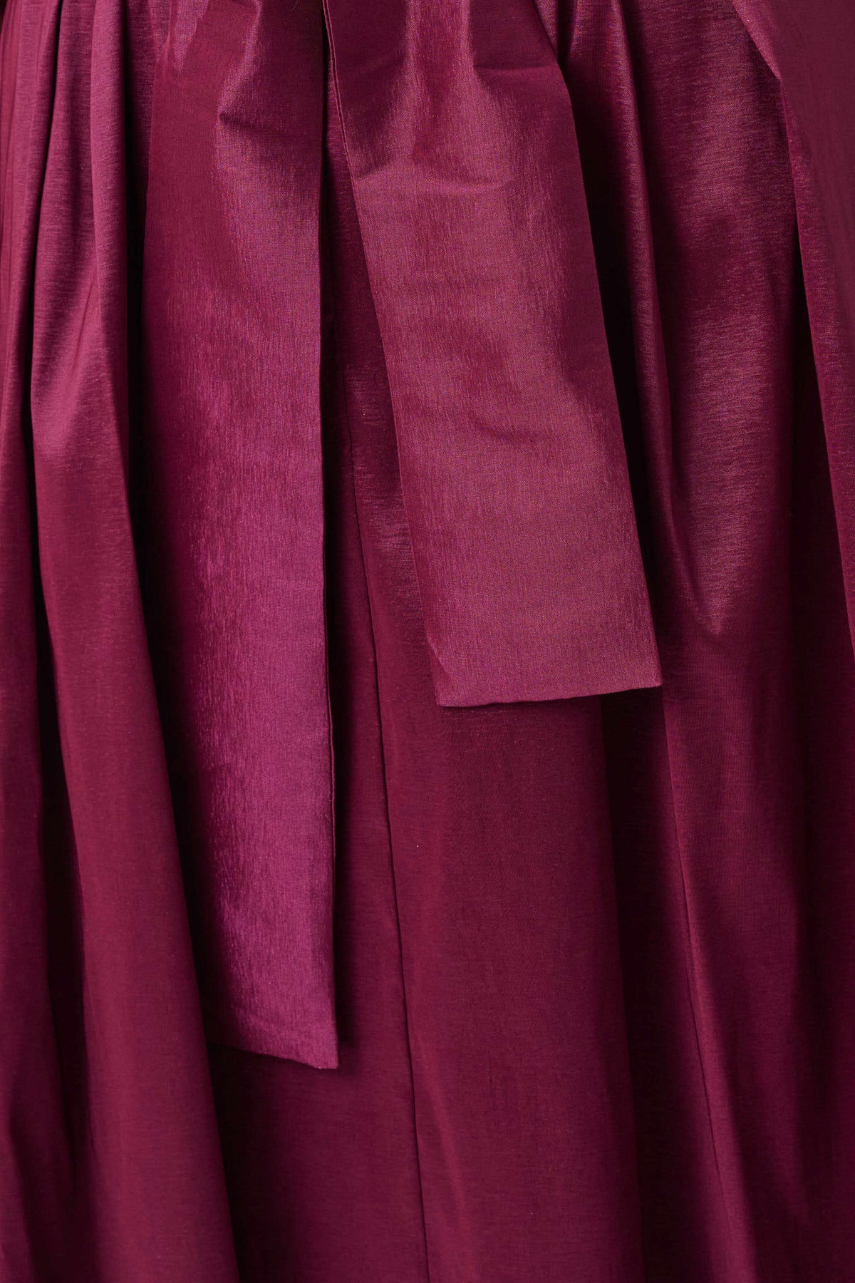 detail of tie on Joseph Ribkoff Stretch Taffeta Fit and Flare Dress With Lapel Collar in berry , style 261719F26