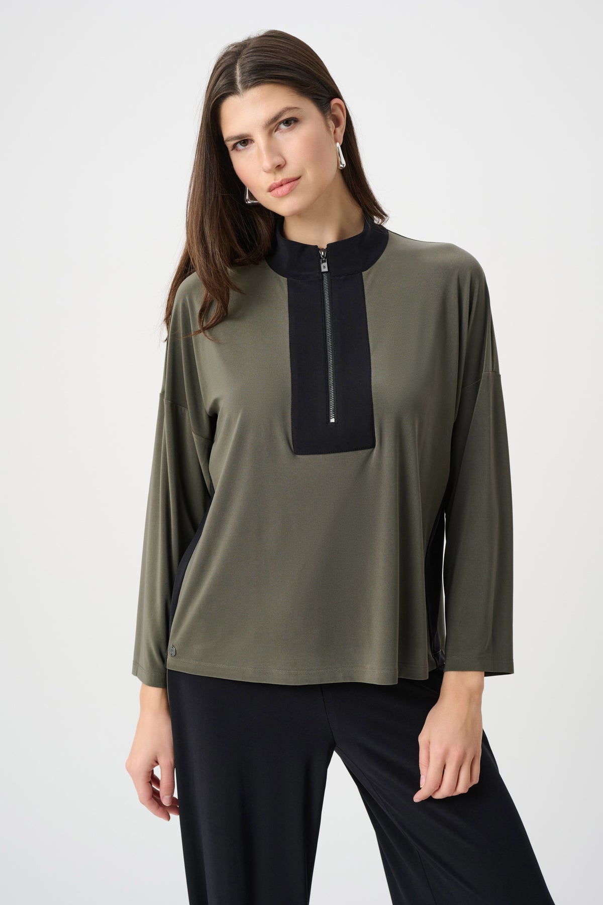 Joseph Ribkoff Color Block Zip-Collar Top in Avocado/Black, style 263606 shown from the front