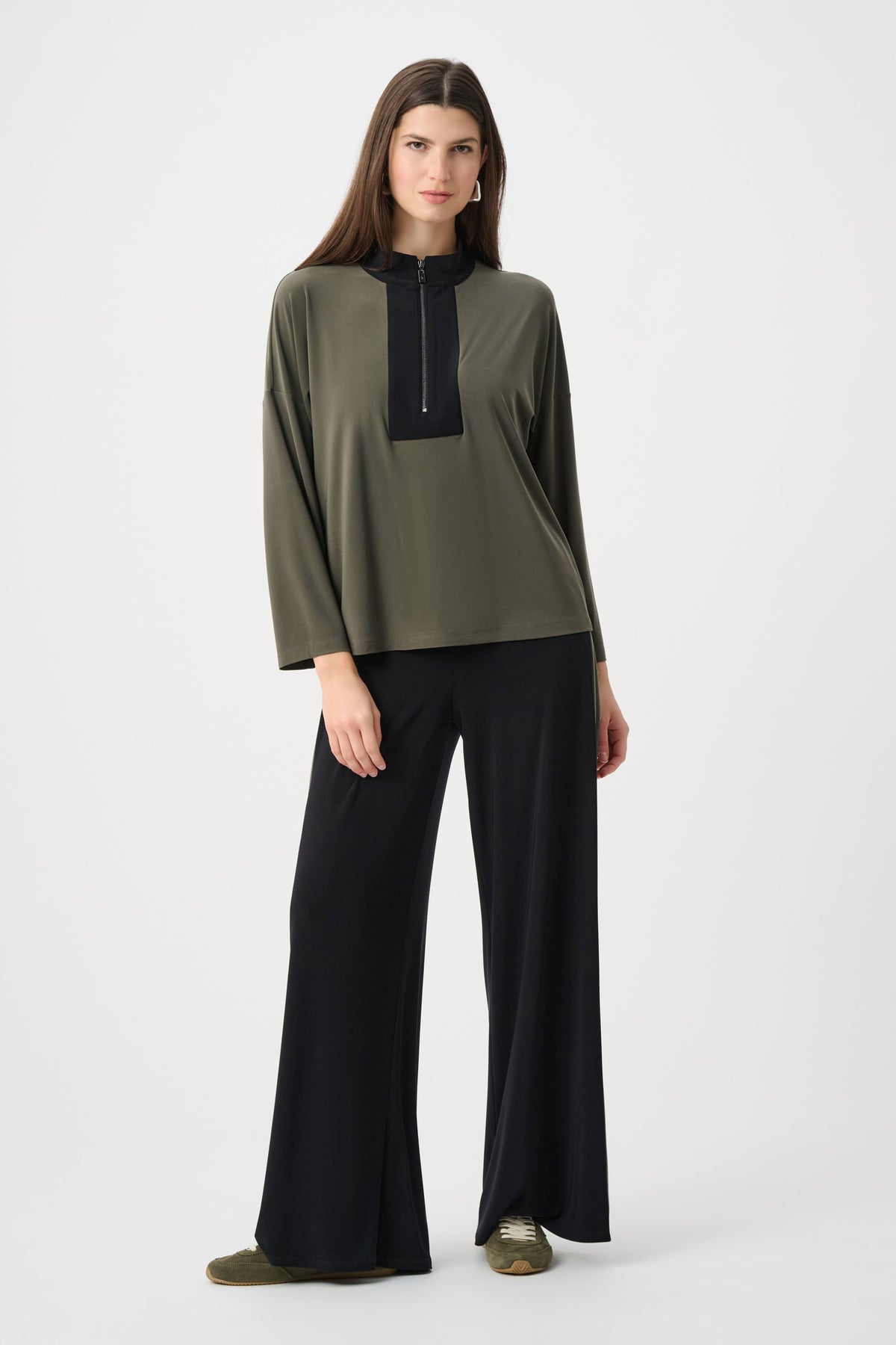 Full styled view featuring Joseph Ribkoff Color Block Zip-Collar Top in Avocado/Black, style 263606