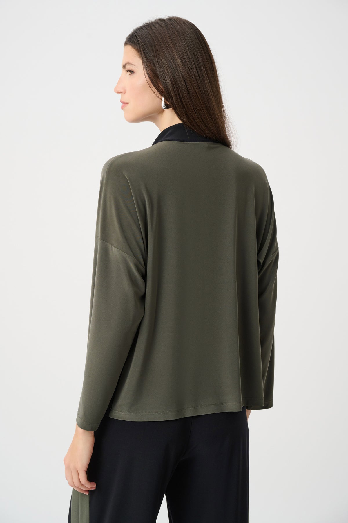 Joseph Ribkoff Color Block Zip-Collar Top in Avocado/Black, style 263606 shown from the back