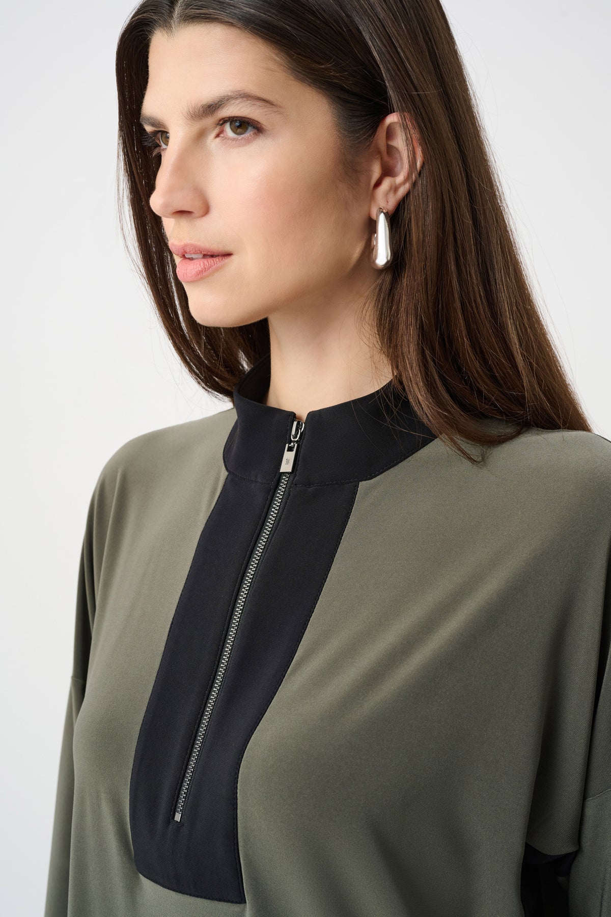 Close-up of neckline and upper-body details on Joseph Ribkoff Color Block Zip-Collar Top in Avocado/Black, style 263606