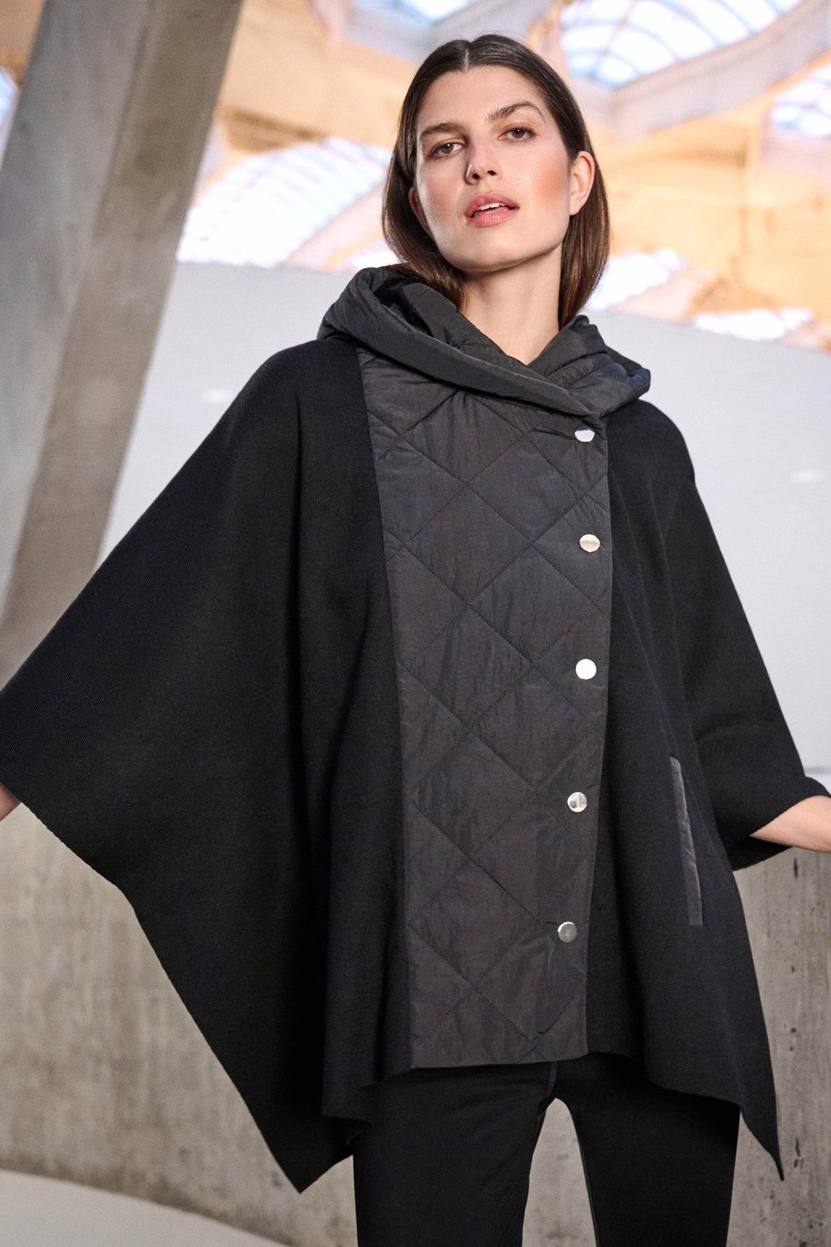 Joseph Ribkoff Quilted Poncho Jacket in Black, style 263627 shown from the front