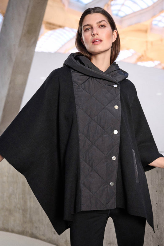 Joseph Ribkoff Quilted Poncho Jacket in Black, style 263627 shown from the front