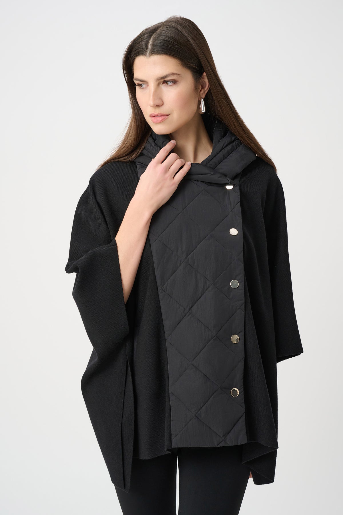 Joseph Ribkoff Quilted Poncho Jacket in Black, style 263627 shown at a three-quarter angle
