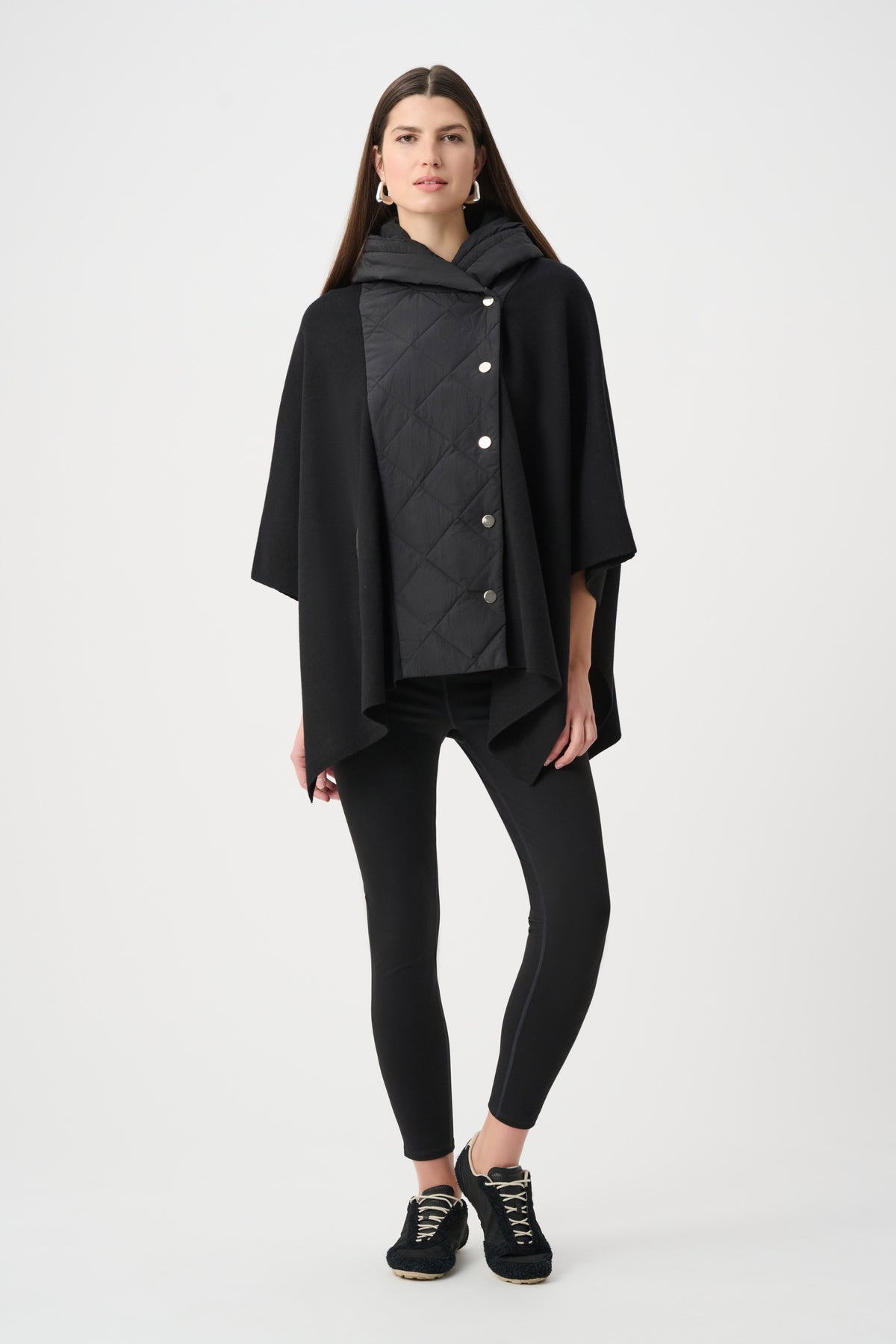 Full styled view featuring Joseph Ribkoff Quilted Poncho Jacket in Black, style 263627