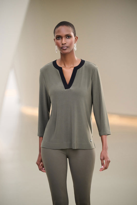 Joseph Ribkoff Color Block Straight Top in Avocado/Black, style 263629 shown from the front