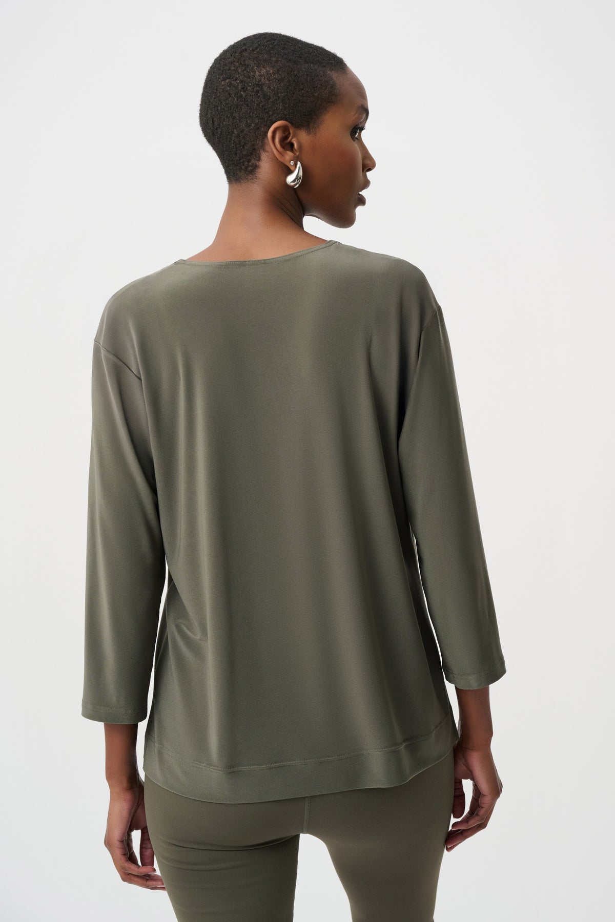 Joseph Ribkoff Color Block Straight Top in Avocado/Black, style 263629 shown from the back