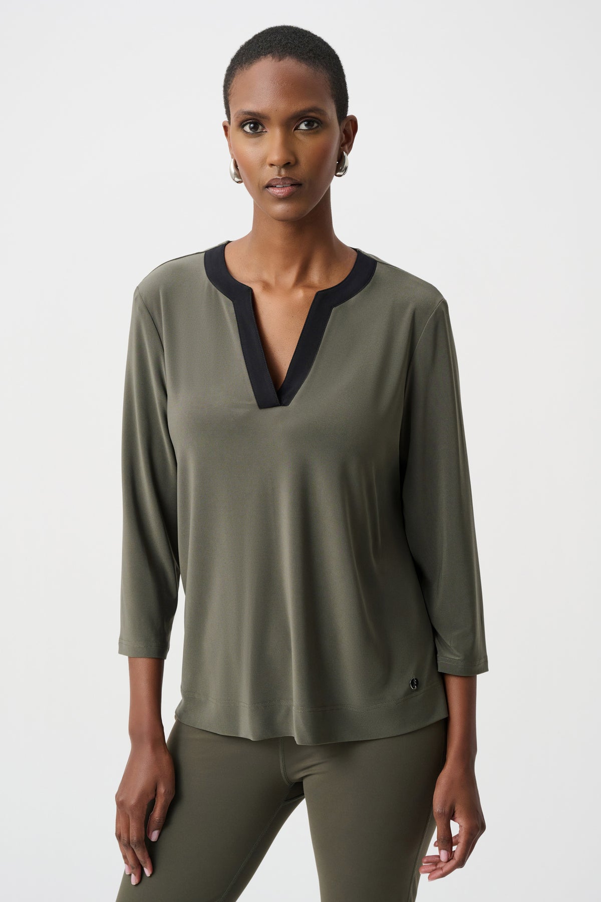 Joseph Ribkoff Color Block Straight Top in Avocado/Black, style 263629 shown at a three-quarter angle