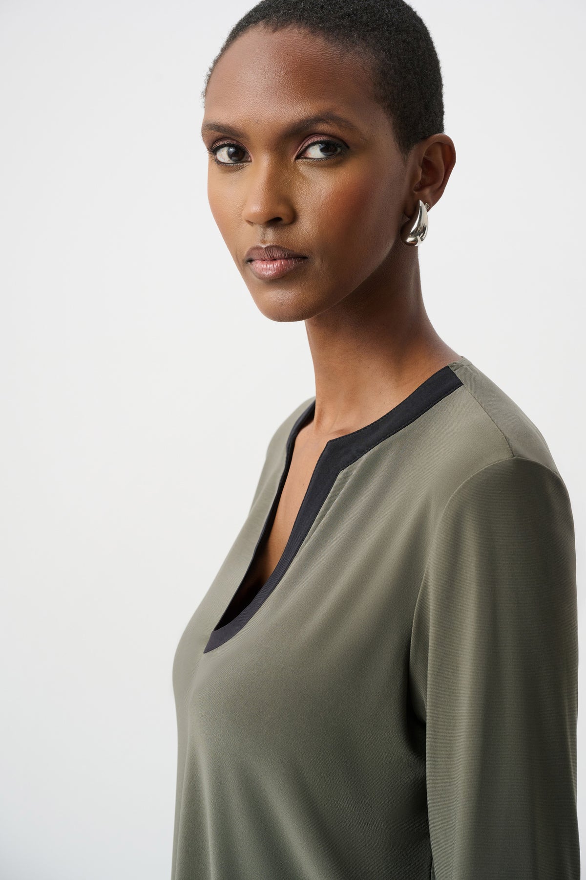 Joseph Ribkoff Color Block Straight Top in Avocado/Black, style 263629 shown  side