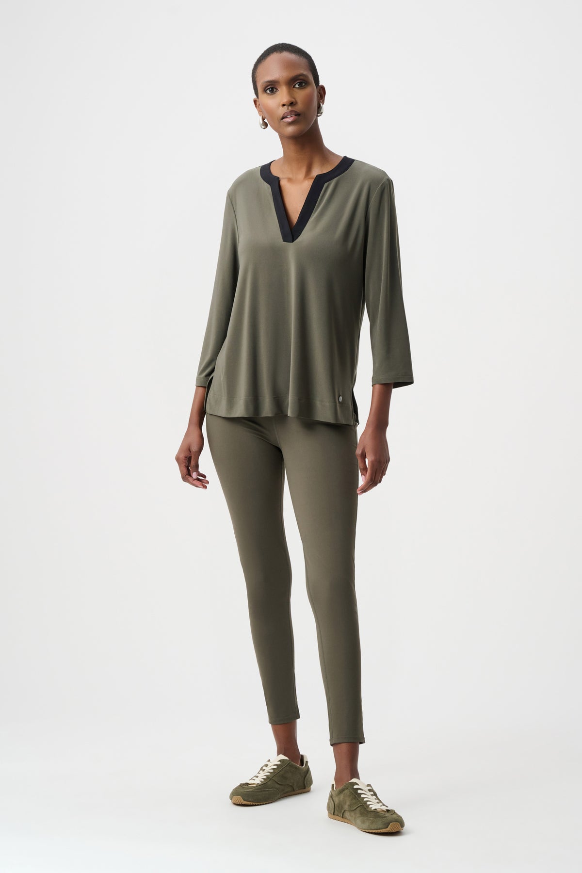 Full styled view featuring Joseph Ribkoff Color Block Straight Top in Avocado/Black, style 263629
