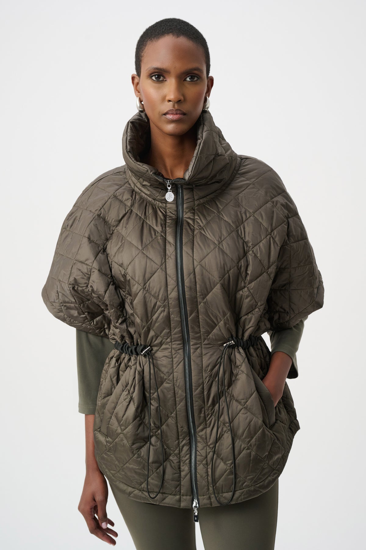 Joseph Ribkoff Quilted Funnel-Neck Vest in Avocado, style 263643 shown from the front