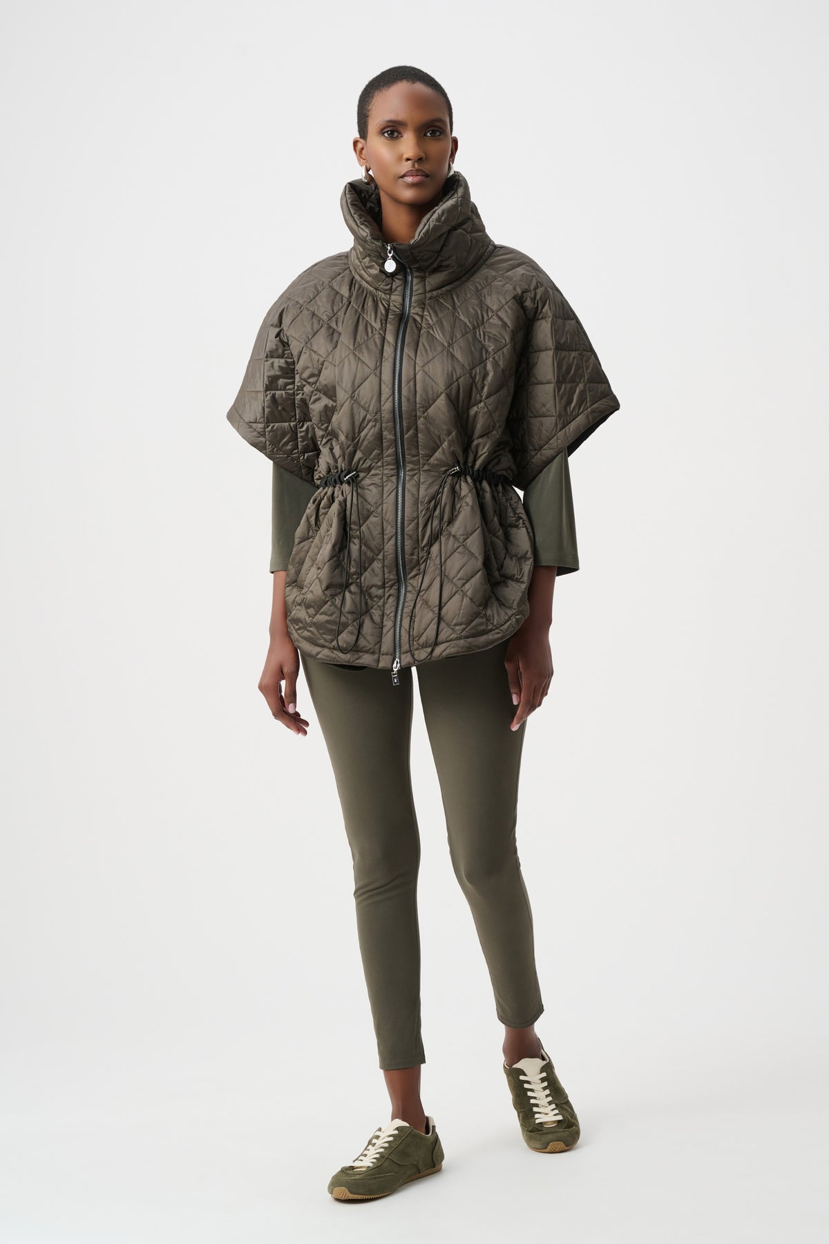Full styled view featuring Joseph Ribkoff Quilted Funnel-Neck Vest in Avocado, style 263643
