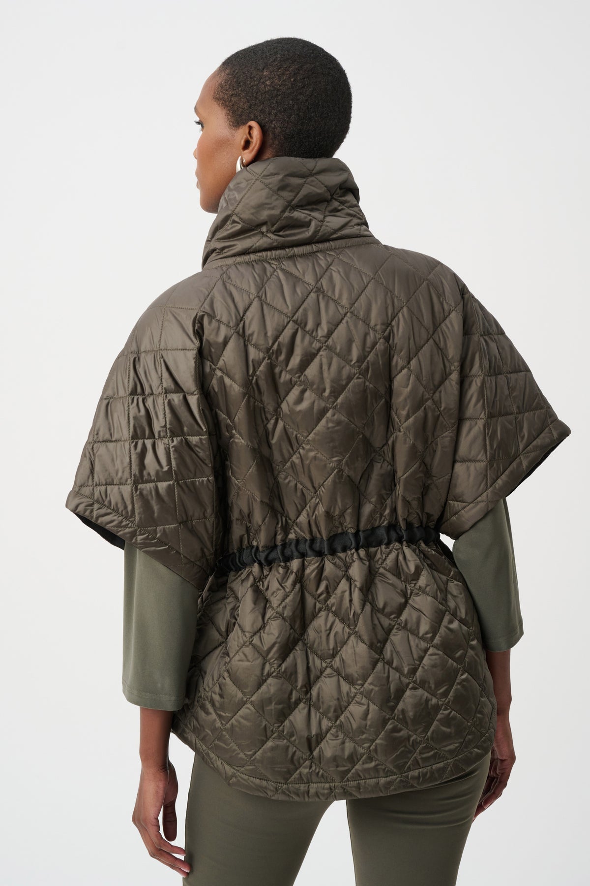 Joseph Ribkoff Quilted Funnel-Neck Vest in Avocado, style 263643 shown from the back