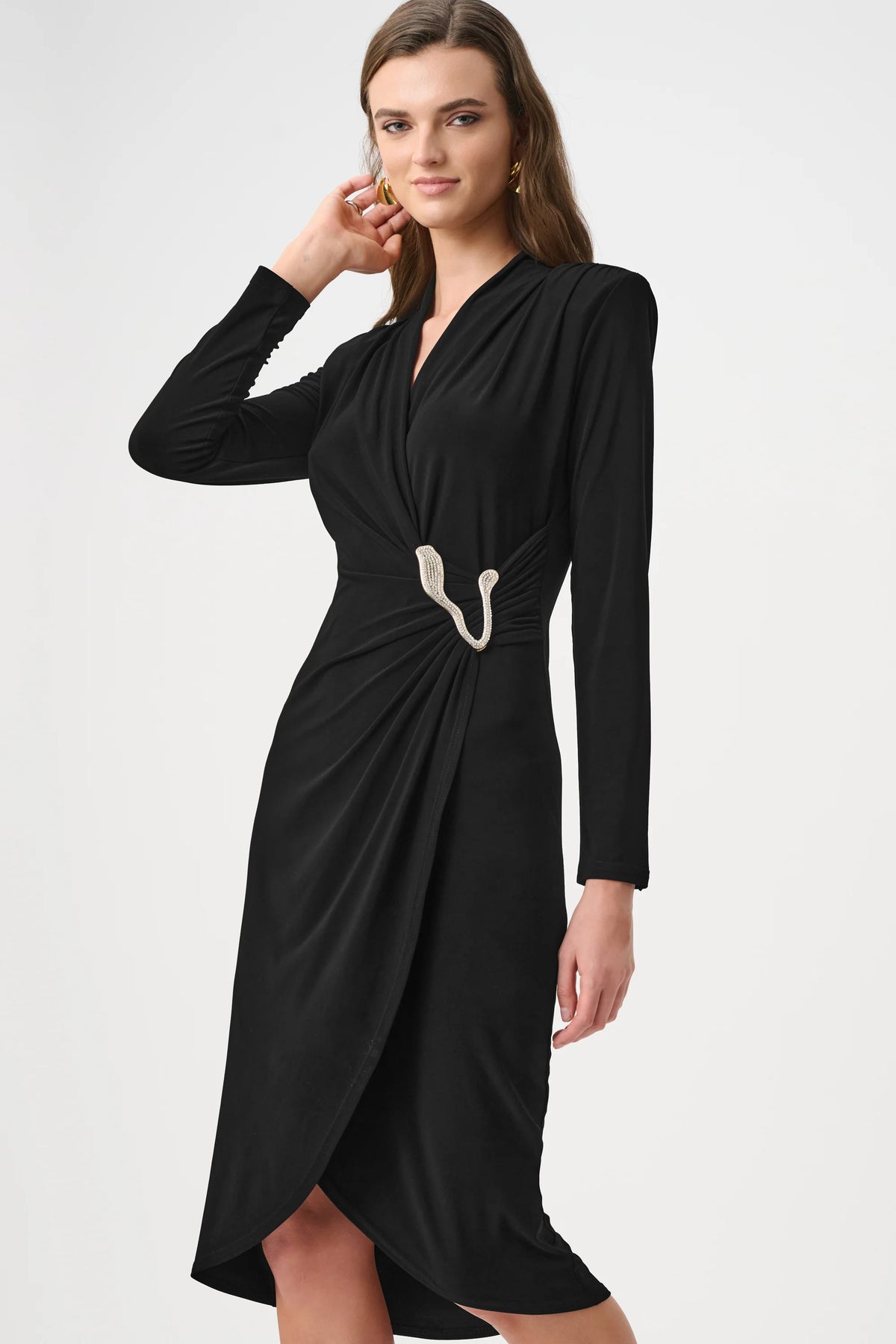 Full styled view featuring Joseph Ribkoff Silky Knit Sheath Wrap Dress in Black, style 263709