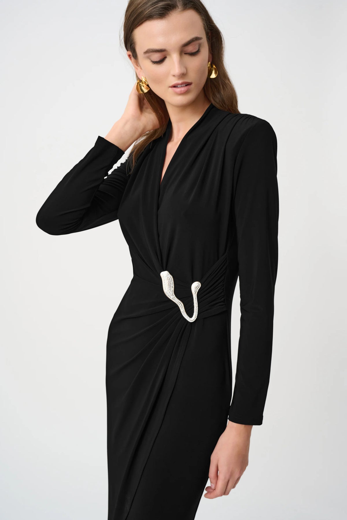 Joseph Ribkoff Silky Knit Sheath Wrap Dress in Black, style 263709 shown at a three-quarter angle