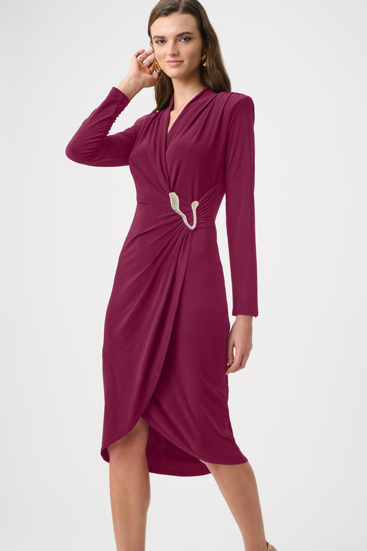 Joseph Ribkoff Silky Knit Sheath Wrap Dress in Berry Burst, style 263709 shown from the front