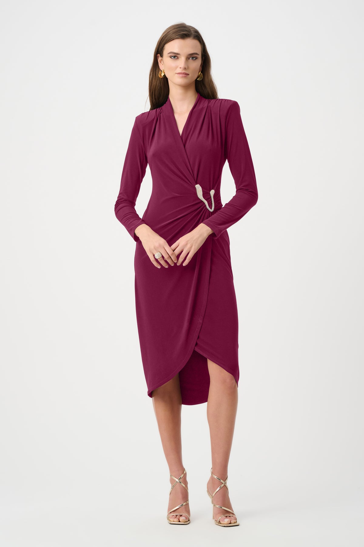 Joseph Ribkoff Silky Knit Sheath Wrap Dress in Berry Burst, style 263709 shown from the front