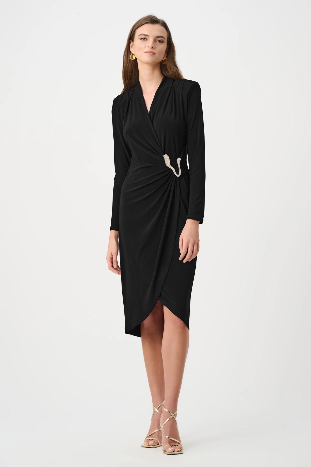 Joseph Ribkoff Silky Knit Sheath Wrap Dress in Black, style 263709 shown from the front