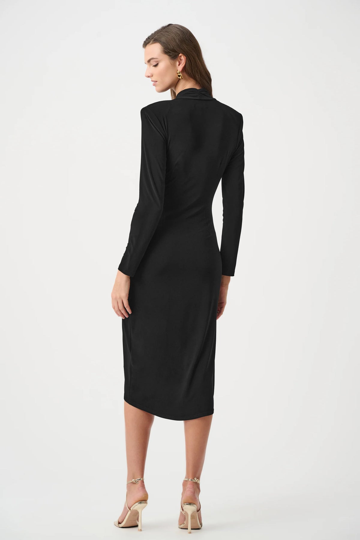 Joseph Ribkoff Silky Knit Sheath Wrap Dress in Black, style 263709 shown from the back