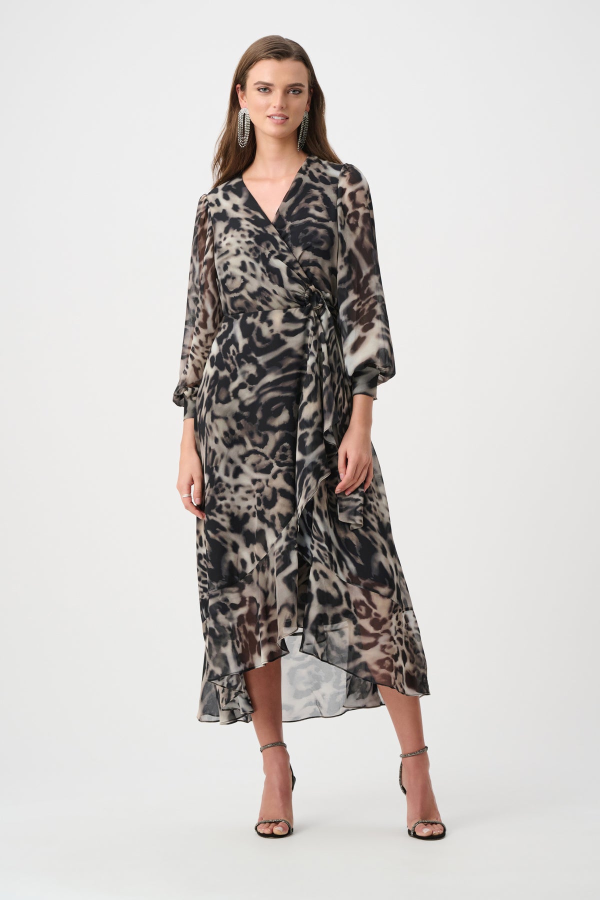 Joseph Ribkoff Chiffon Printed Wrap Dress in Grey/Multi, style 263739 shown from the front