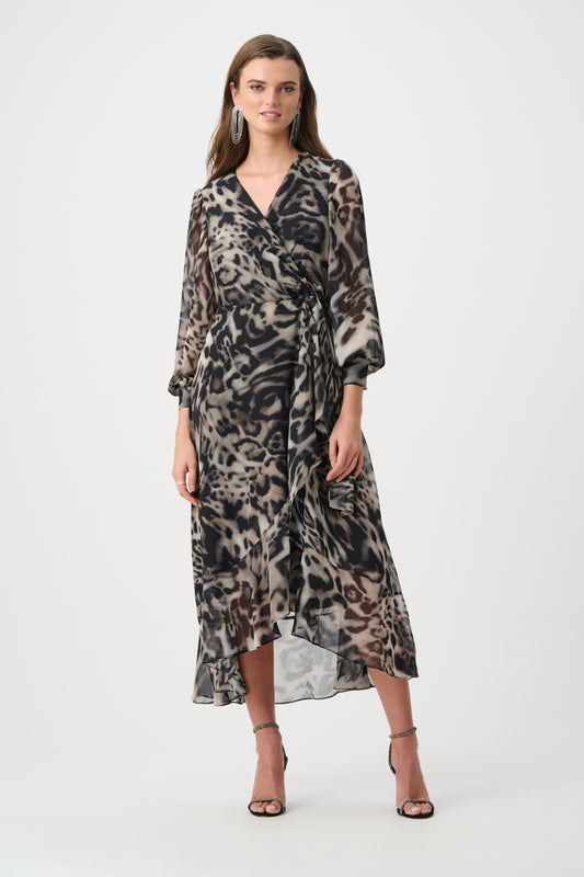 Joseph Ribkoff Chiffon Printed Wrap Dress in Grey/Multi, style 263739 shown from the front