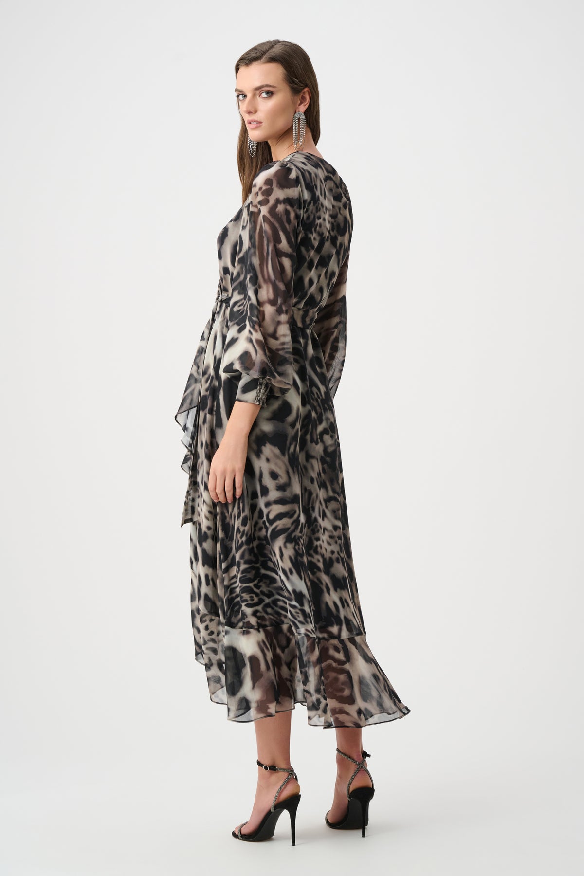 Joseph Ribkoff Chiffon Printed Wrap Dress in Grey/Multi, style 263739 shown from the back