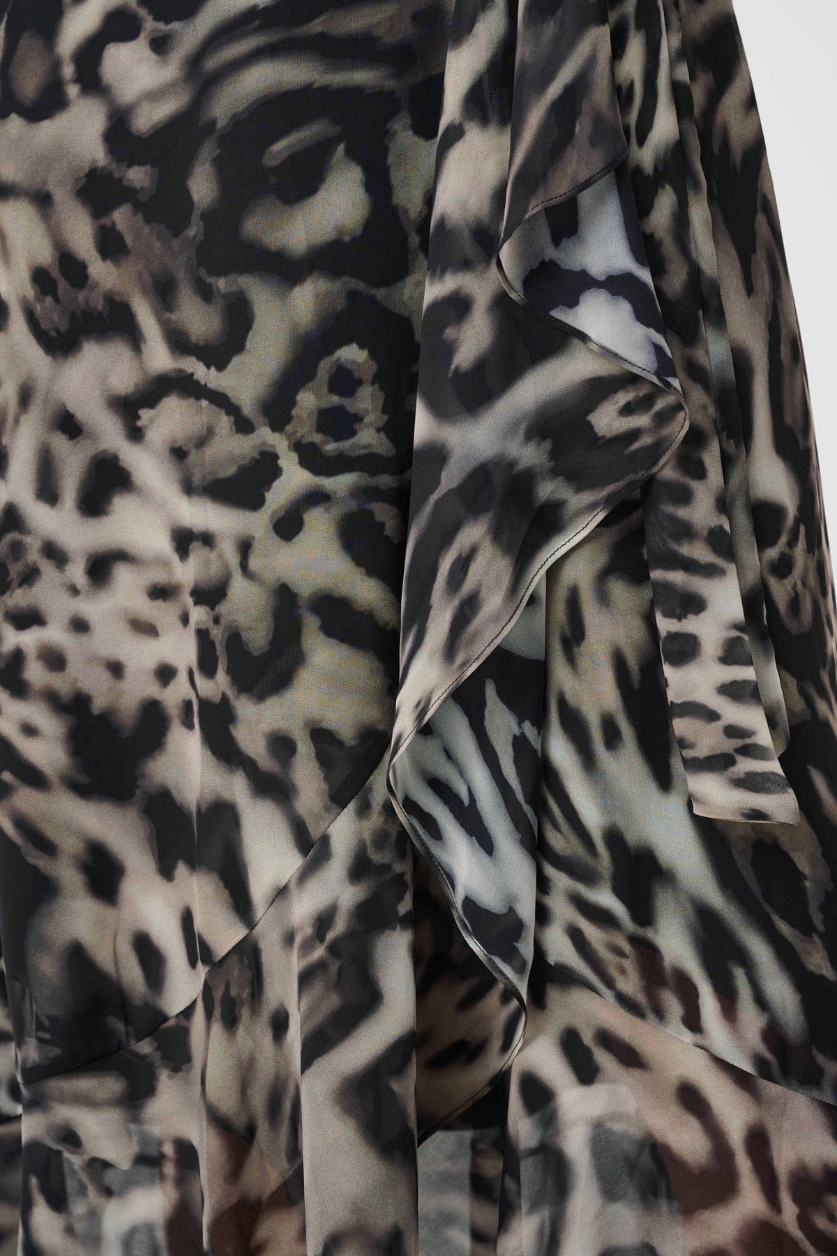 Close-up of fabric, sleeve, trim or fastening on Joseph Ribkoff Chiffon Printed Wrap Dress in Grey/Multi, style 263739