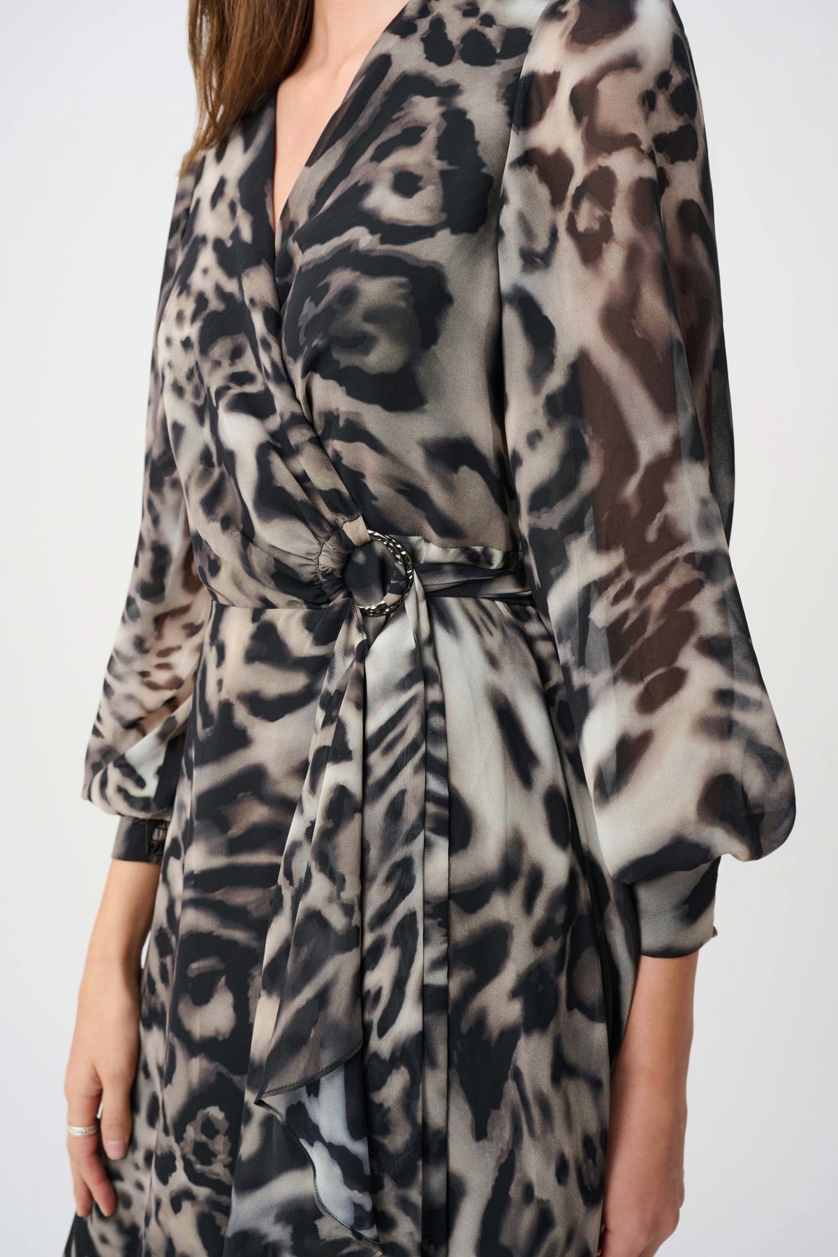 Close-up of belt details on Joseph Ribkoff Chiffon Printed Wrap Dress in Grey/Multi, style 263739