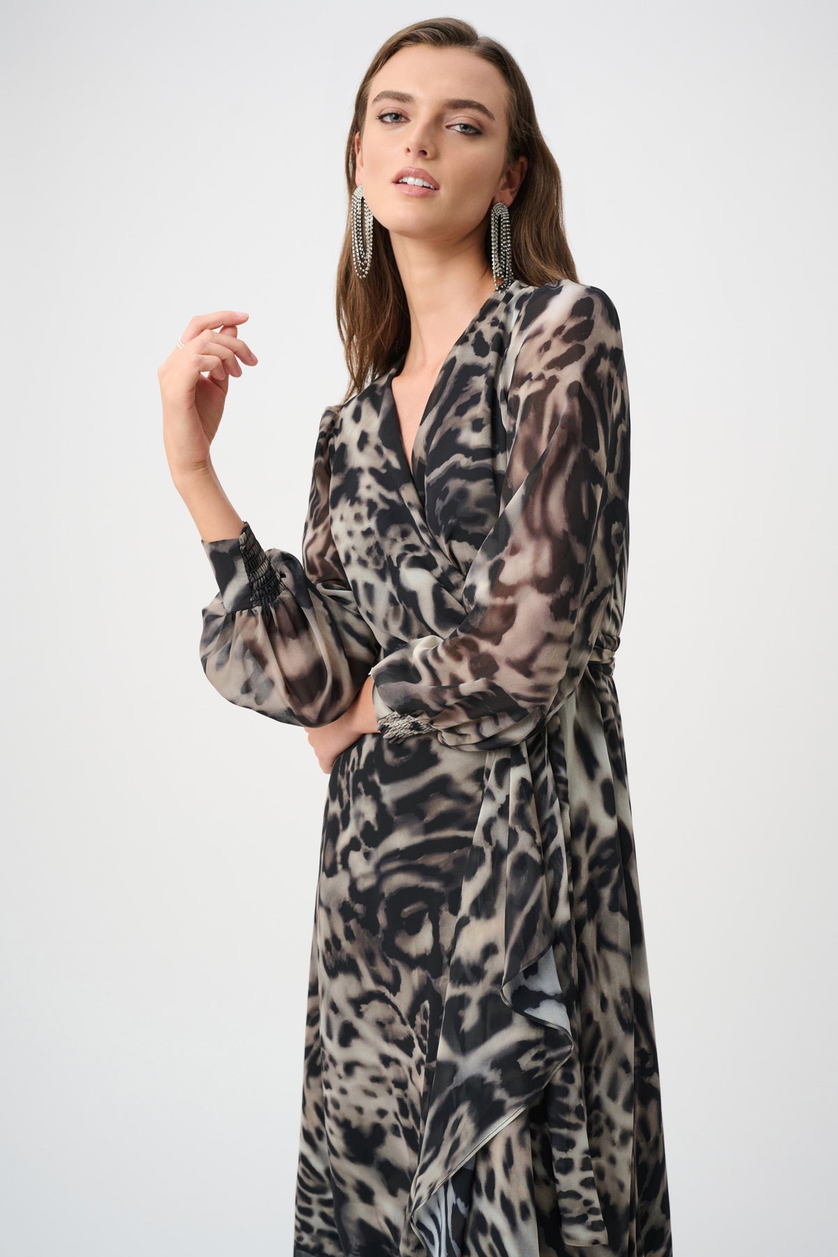 Full styled view featuring Joseph Ribkoff Chiffon Printed Wrap Dress in Grey/Multi, style 263739