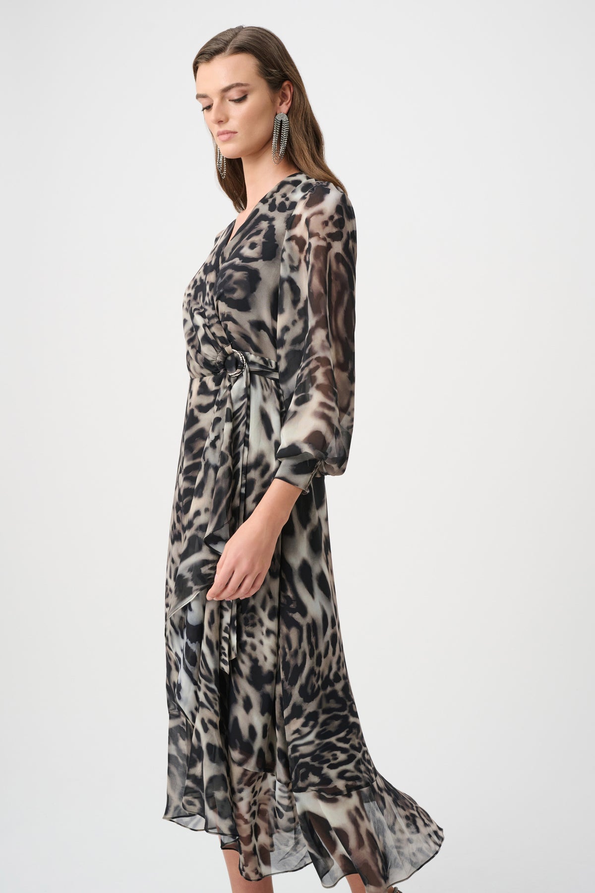 Joseph Ribkoff Chiffon Printed Wrap Dress in Grey/Multi, style 263739  walking 