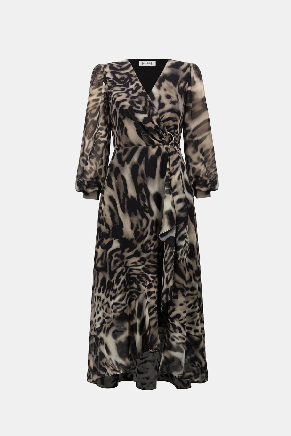 Joseph Ribkoff Chiffon Printed Wrap Dress in Grey/Multi, style 263739 flat lay 