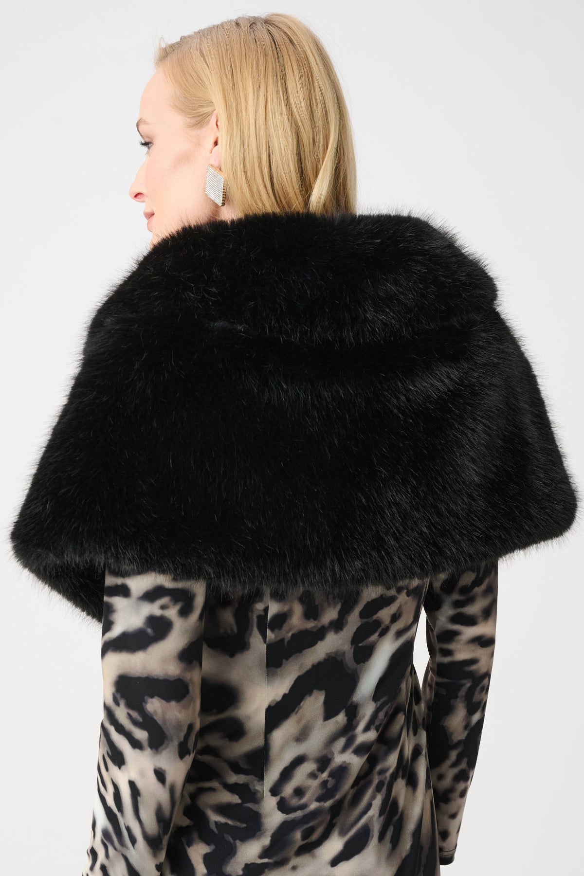 Joseph Ribkoff Luxury Faux Fur Wrap in Black, style 263740 shown from the back