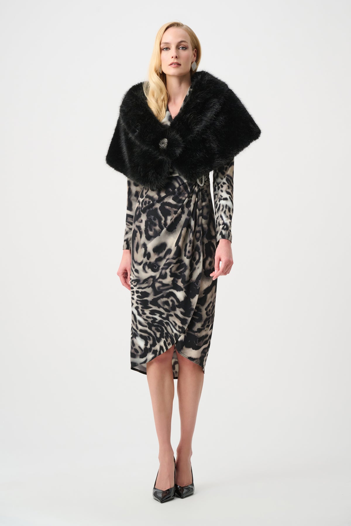 Full styled view featuring Joseph Ribkoff Luxury Faux Fur Wrap in Black, style 263740