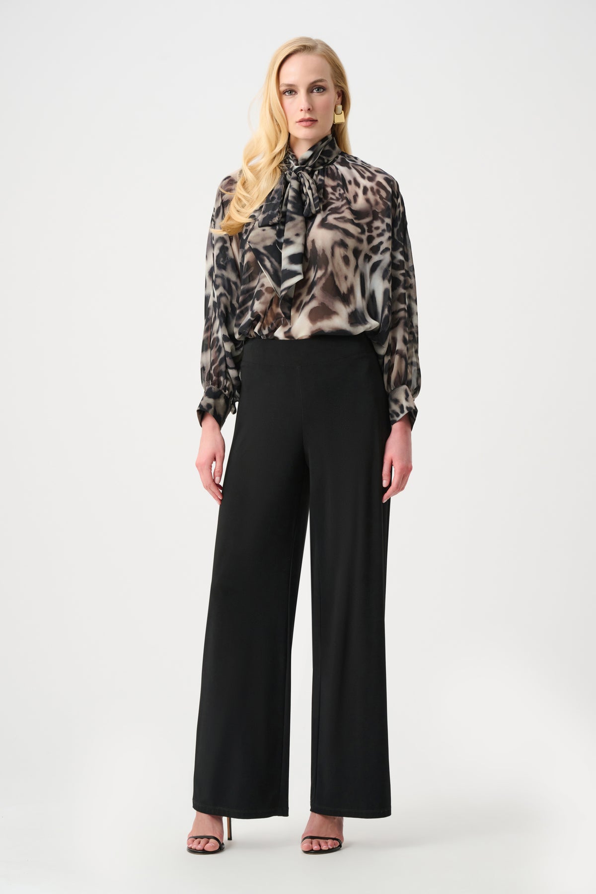Joseph Ribkoff Animal-Print Sheer Tie-Neck Blouse in Grey/Multi, style 263743 shown from the front