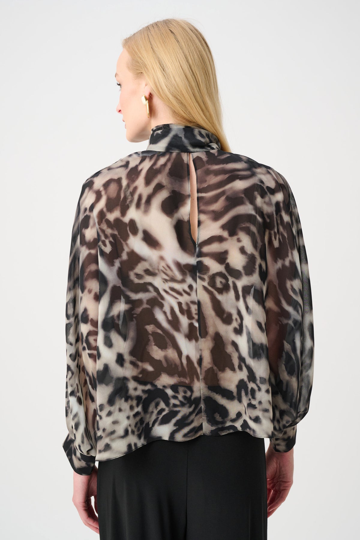 Joseph Ribkoff Animal-Print Sheer Tie-Neck Blouse in Grey/Multi, style 263743 shown from the back