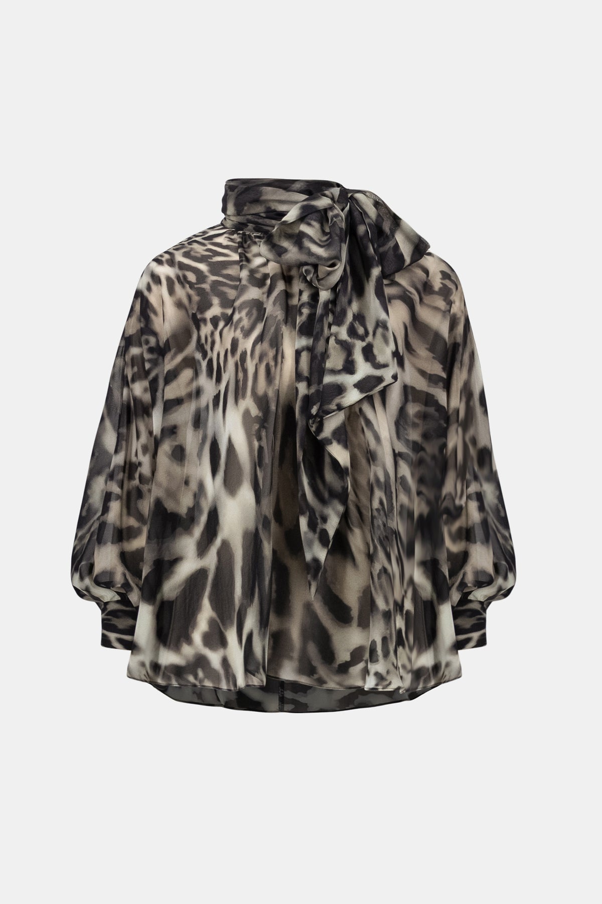Joseph Ribkoff Animal-Print Sheer Tie-Neck Blouse in Grey/Multi