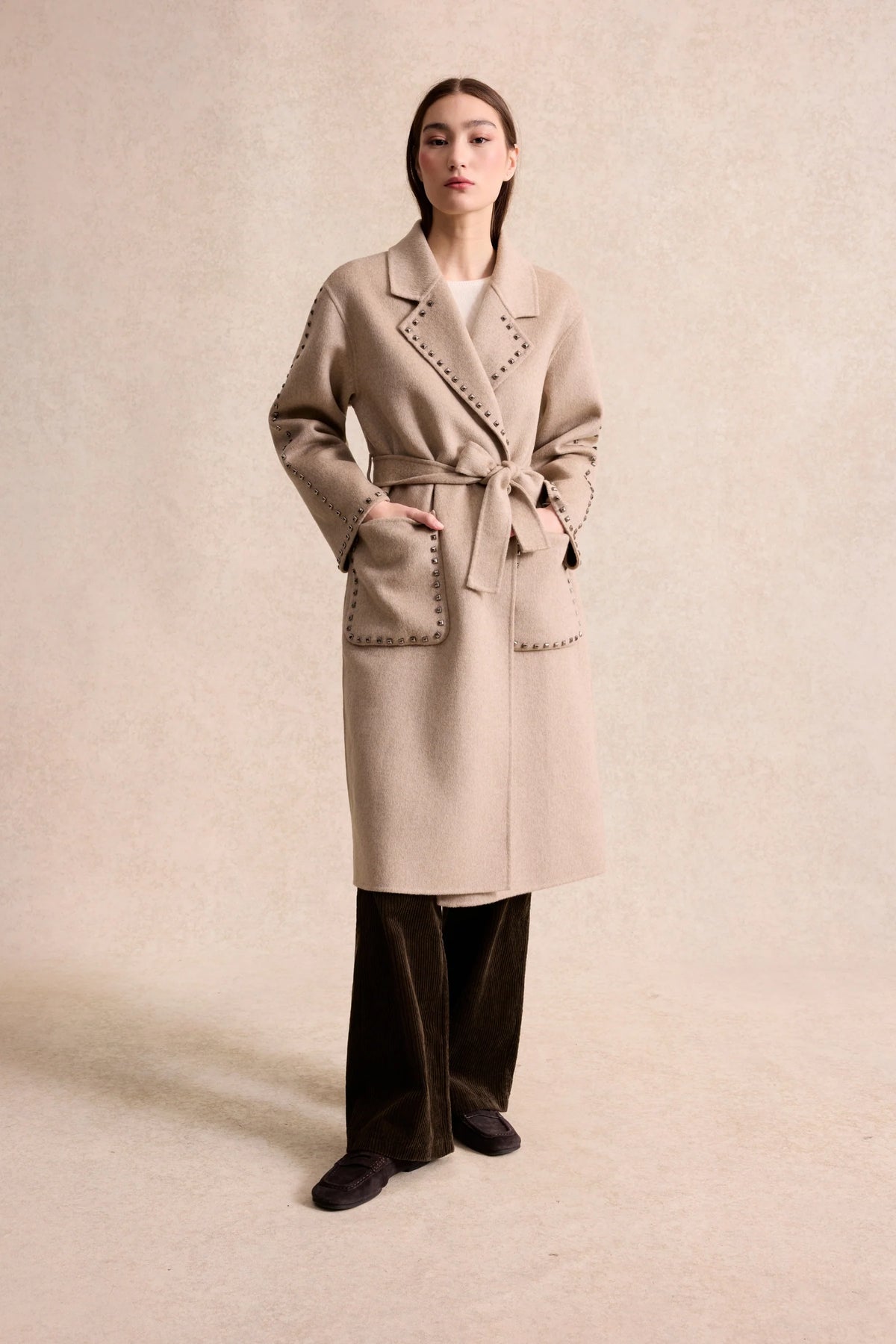 Leo & Ugo Cassandre Long Studded Wool Coat in Beige front view