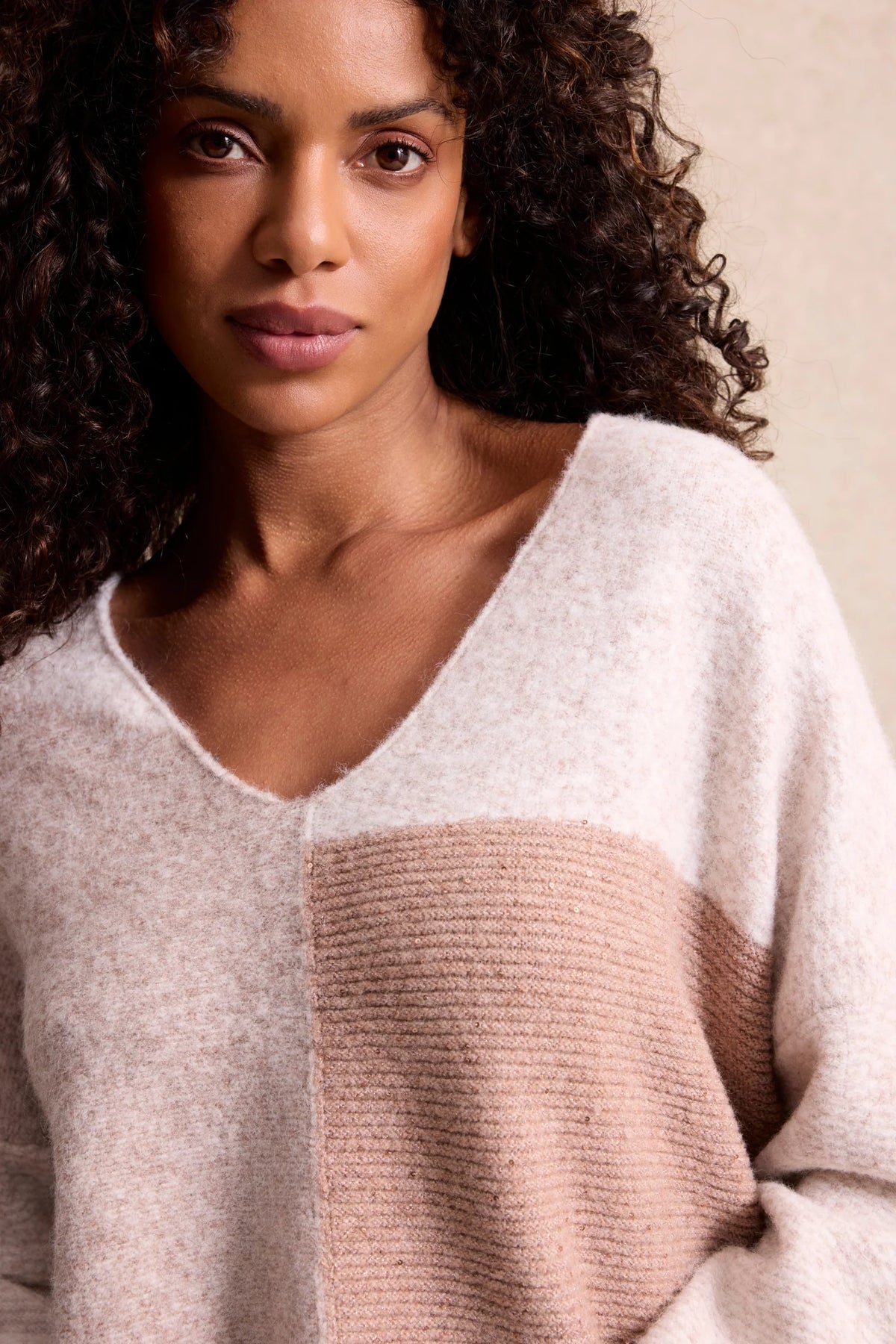 Leo & Ugo Éléonore Color-Block Sweater in Beige front view